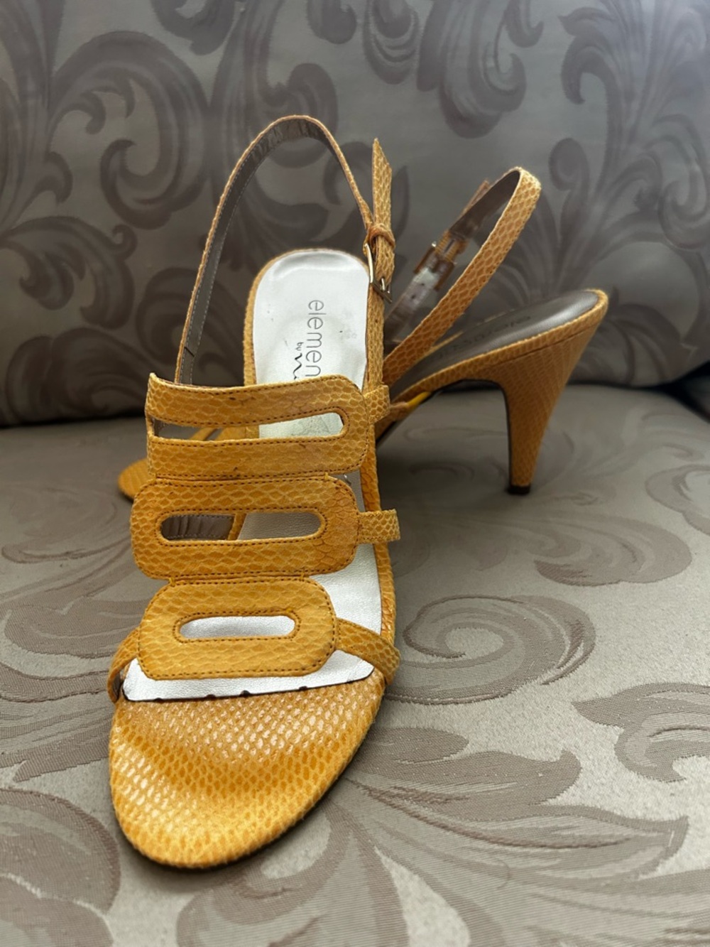 Elements by Nina Women’s 9 Mustard Yellow Slingback Strappy Heels Snakeskin